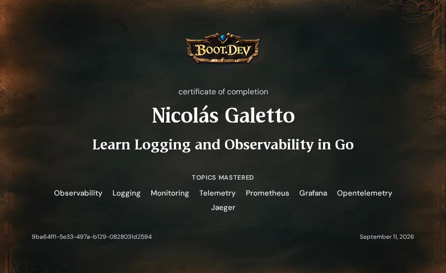 Nicolás Galetto's Boot.dev Learn Logging and Observability in Go certificate