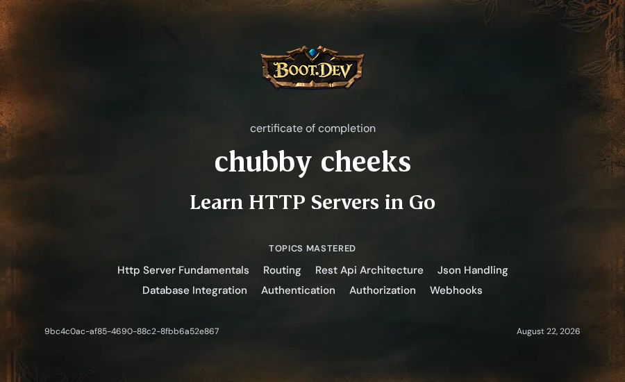 chubby cheeks's Boot.dev Learn HTTP Servers in Go certificate