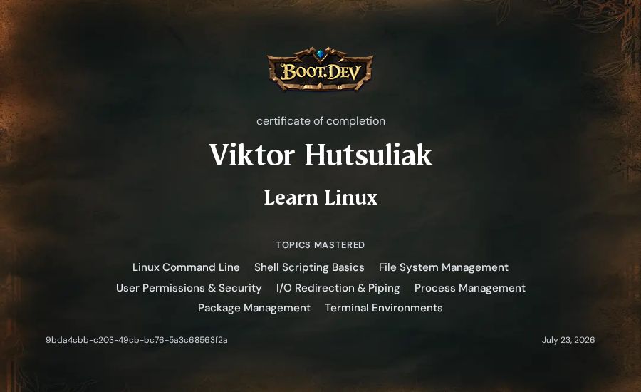 Viktor Hutsuliak's Boot.dev Learn Linux certificate
