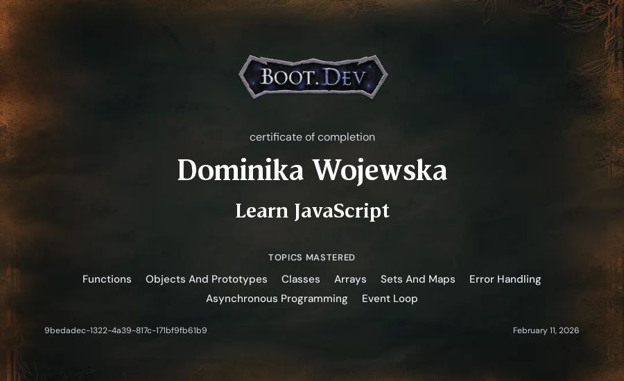 Dominika Wojewska's Boot.dev Learn JavaScript certificate