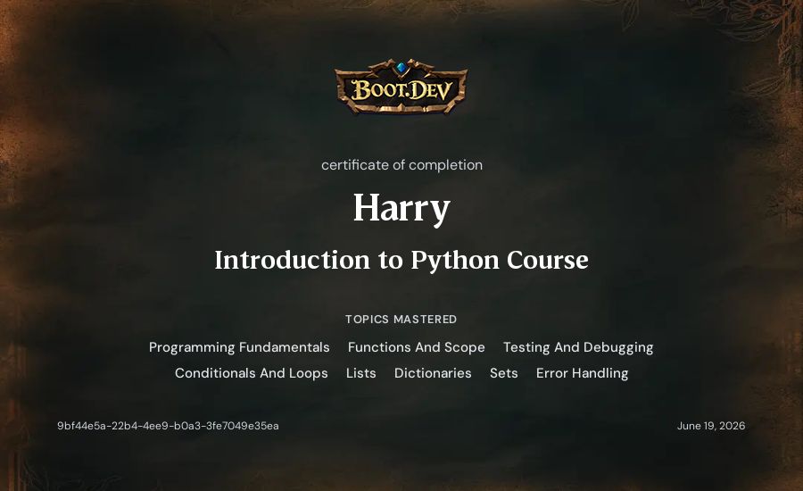 Harry's Boot.dev Introduction to Python Course certificate