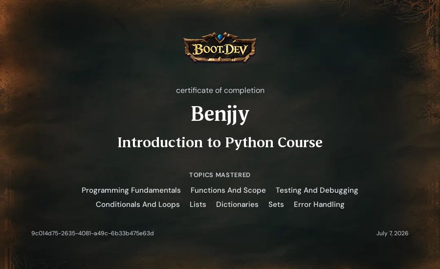 Benjjy's Boot.dev Introduction to Python Course certificate