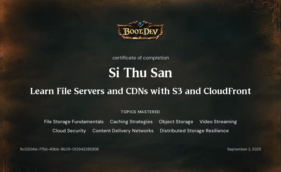 Si Thu San's Boot.dev Learn File Servers and CDNs with S3 and CloudFront certificate