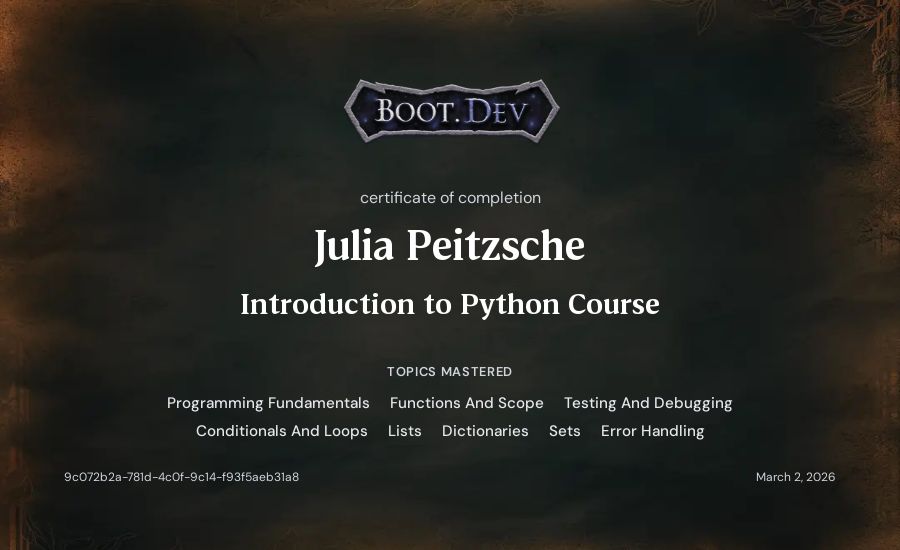 Julia Peitzsche's Boot.dev Introduction to Python Course certificate