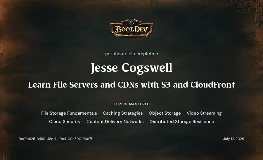 Jesse Cogswell's Boot.dev Learn File Servers and CDNs with S3 and CloudFront certificate