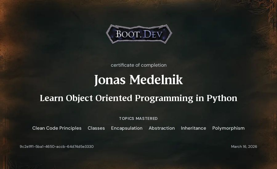 Jonas Medelnik's Boot.dev Learn Object Oriented Programming in Python certificate