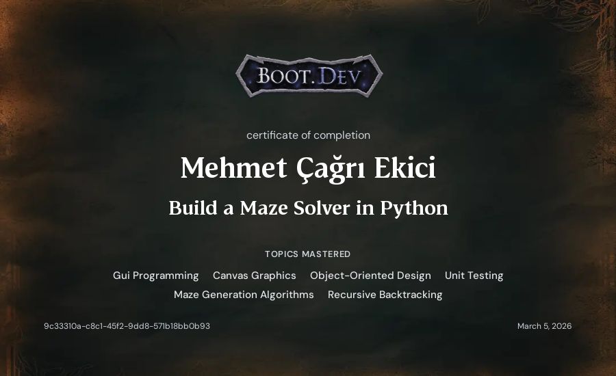 Mehmet Çağrı Ekici's Boot.dev Build a Maze Solver in Python certificate