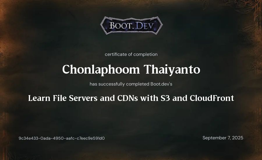 Chonlaphoom Thaiyanto's Boot.dev Learn File Servers and CDNs with S3 and CloudFront certificate
