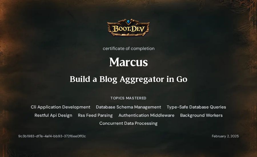 Marcus's Boot.dev Build a Blog Aggregator in Go certificate
