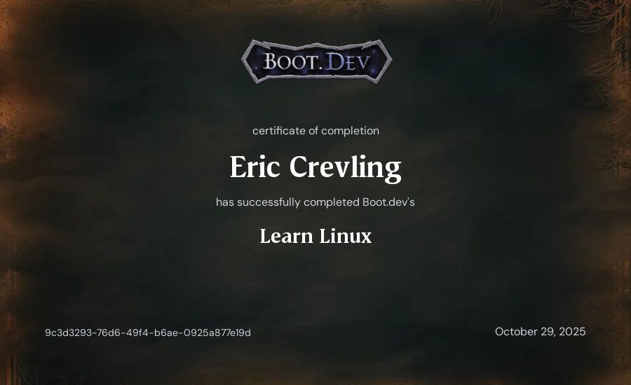 Eric Crevling's Boot.dev Learn Linux certificate