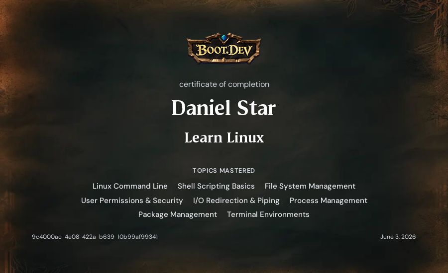 Daniel Star's Boot.dev Learn Linux certificate