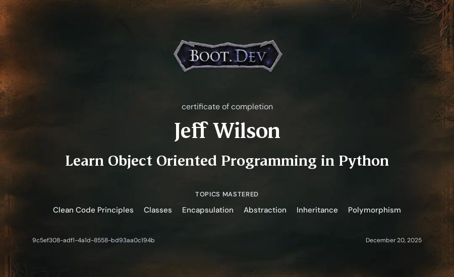 Jeff Wilson's Boot.dev Learn Object Oriented Programming in Python certificate