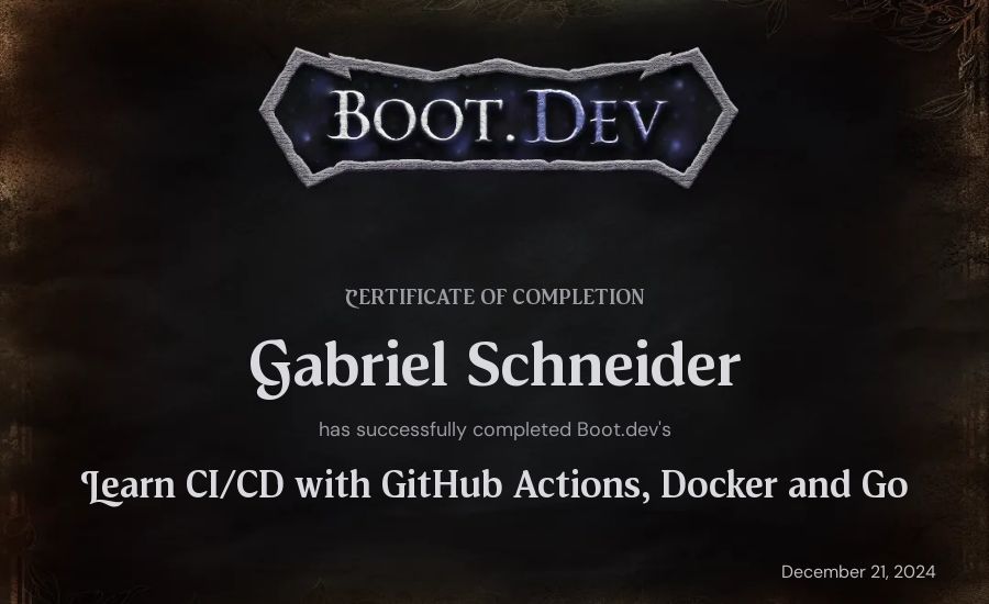 Gabriel Schneider's Boot.dev Learn CI/CD with GitHub Actions, Docker and Go certificate