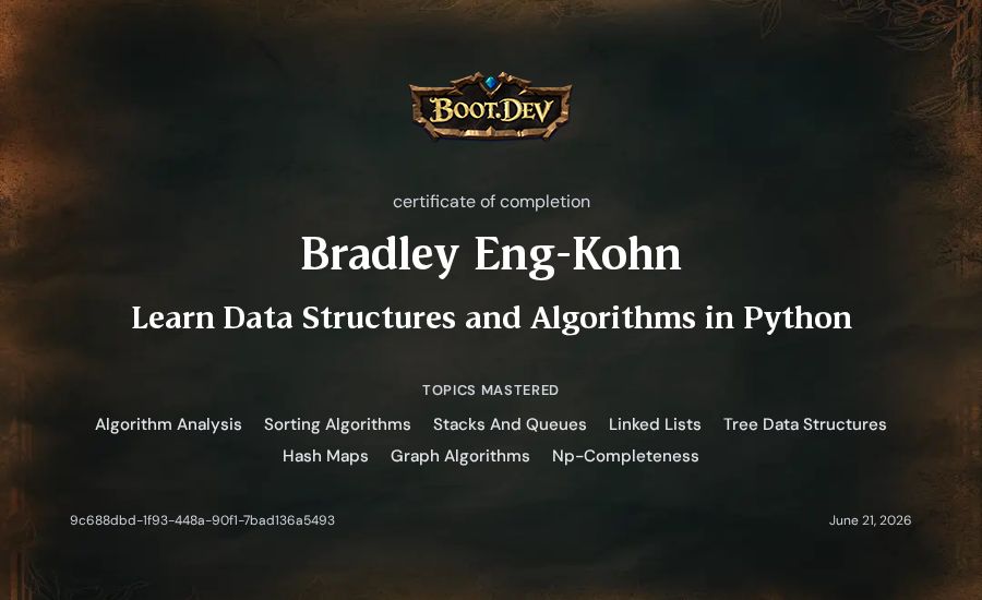 Bradley Eng-Kohn's Boot.dev Learn Data Structures and Algorithms in Python certificate