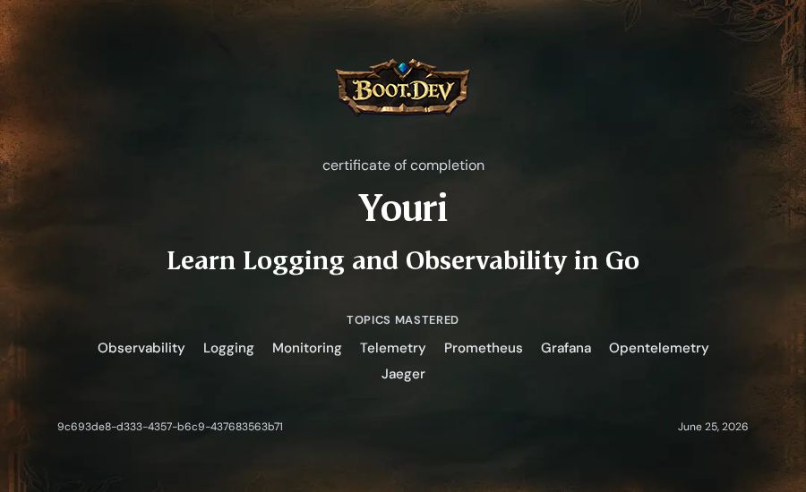 Youri's Boot.dev Learn Logging and Observability in Go certificate