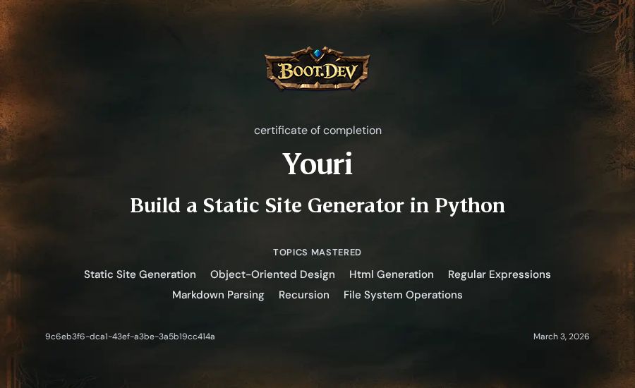 Youri's Boot.dev Build a Static Site Generator in Python certificate