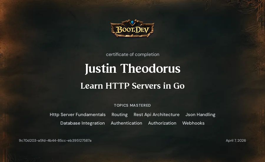 Justin Theodorus's Boot.dev Learn HTTP Servers in Go certificate