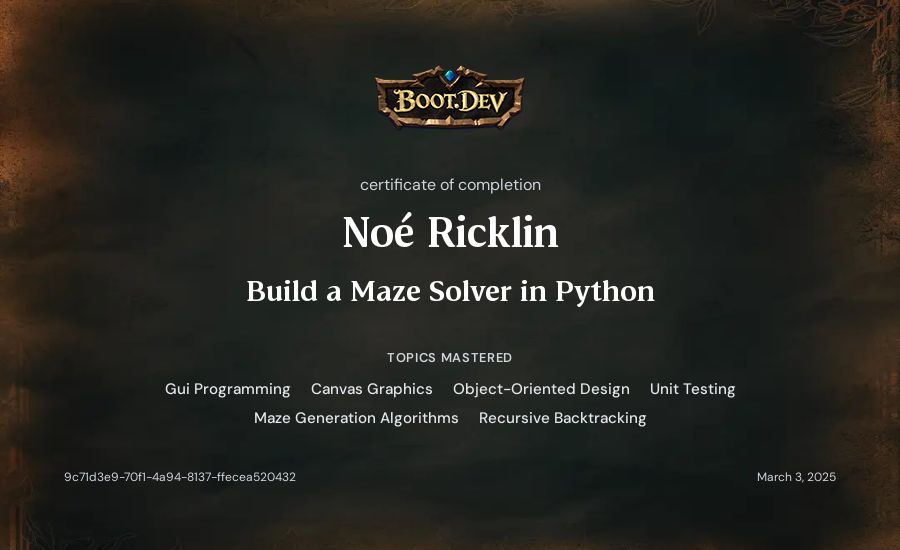 Noé Ricklin's Boot.dev Build a Maze Solver in Python certificate