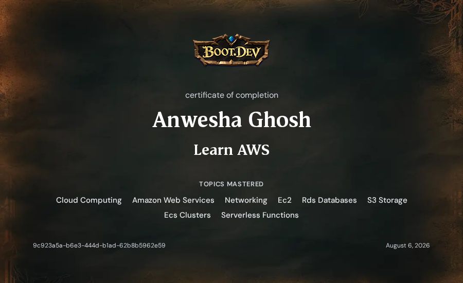 Anwesha Ghosh's Boot.dev Learn AWS certificate
