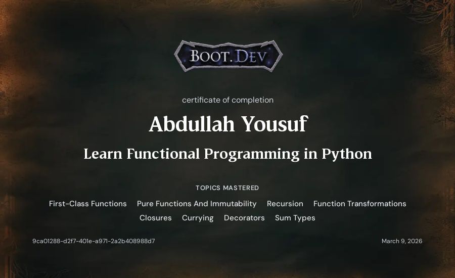 Abdullah Yousuf's Boot.dev Learn Functional Programming in Python certificate