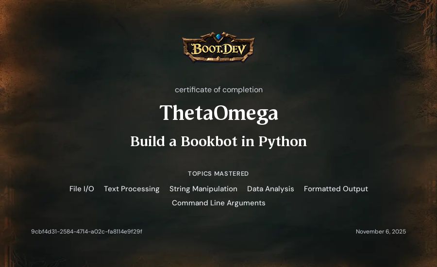 ThetaOmega's Boot.dev Build a BookBot in Python certificate
