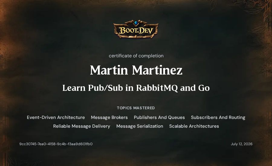 Martin Martinez's Boot.dev Learn Pub/Sub in RabbitMQ and Go certificate