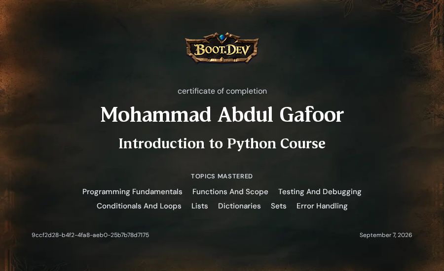 Mohammad Abdul Gafoor's Boot.dev Introduction to Python Course certificate