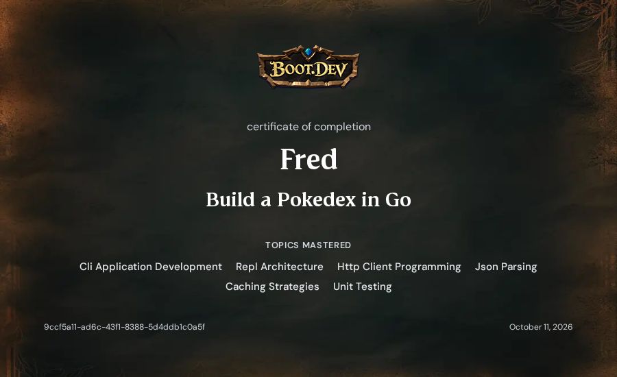 Fred's Boot.dev Build a Pokedex in Go certificate
