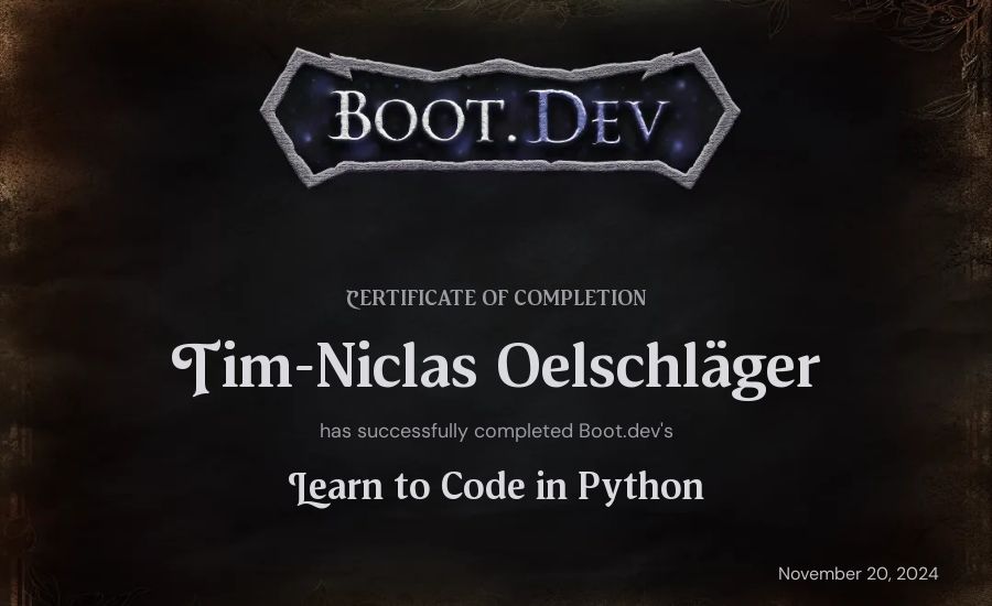 Tim-Niclas Oelschläger's Boot.dev Introduction to Python Course certificate