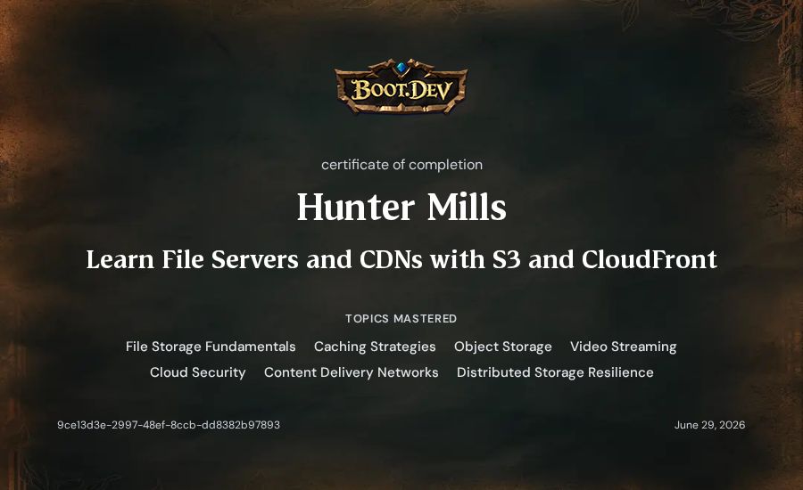 Hunter Mills's Boot.dev Learn File Servers and CDNs with S3 and CloudFront certificate