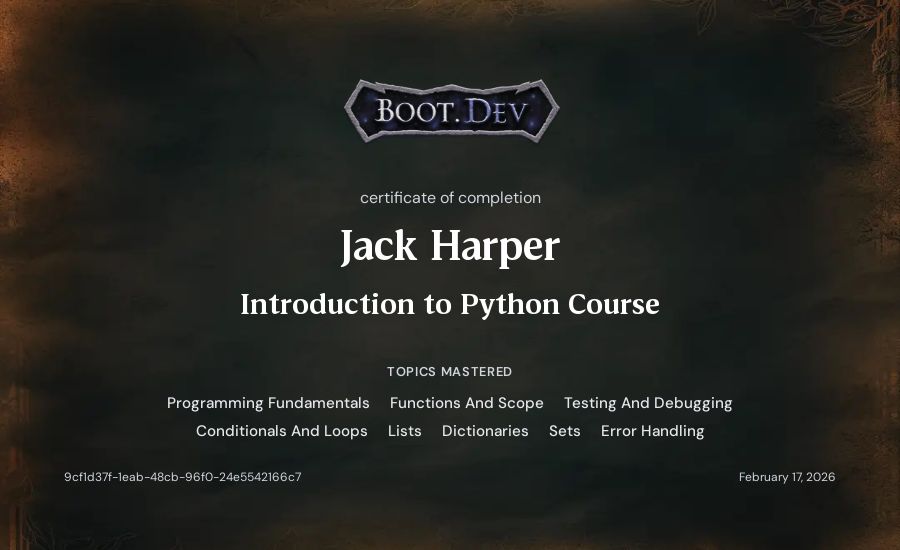Jack Harper's Boot.dev Introduction to Python Course certificate