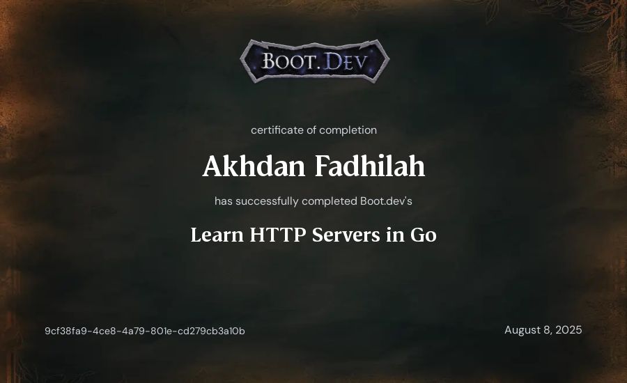 Akhdan Fadhilah's Boot.dev Learn HTTP Servers in Go certificate