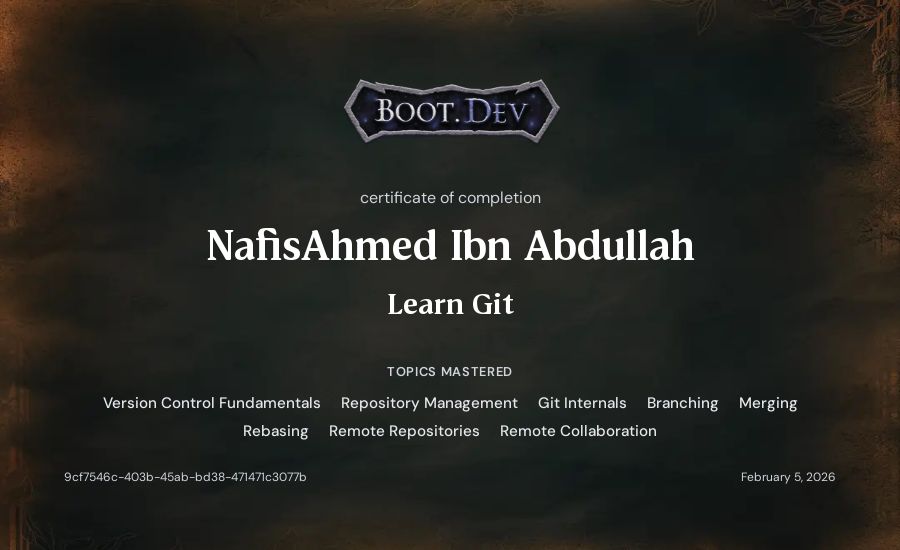 NafisAhmed Ibn Abdullah's Boot.dev Learn Git certificate