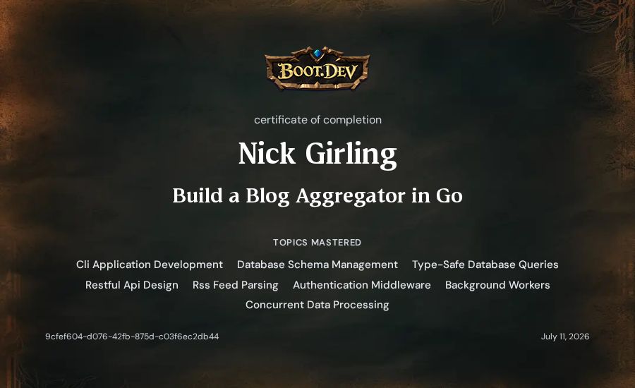 Nick Girling's Boot.dev Build a Blog Aggregator in Go certificate