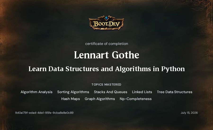 Lennart Gothe's Boot.dev Learn Data Structures and Algorithms in Python certificate