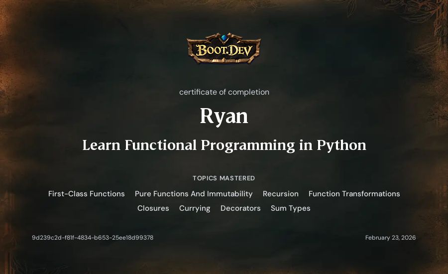Ryan's Boot.dev Learn Functional Programming in Python certificate
