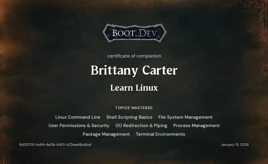 Brittany Carter's Boot.dev Learn Linux certificate