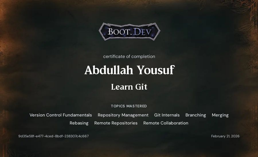Abdullah Yousuf's Boot.dev Learn Git certificate