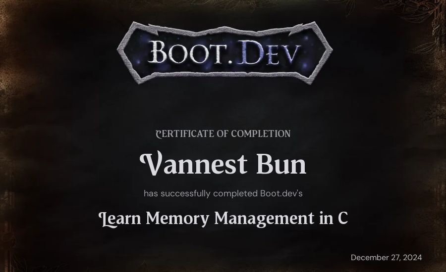 Vannest Bun's Boot.dev Learn Memory Management in C certificate