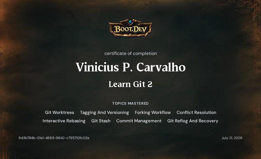 Vinicius P. Carvalho's Boot.dev Learn Git 2 certificate