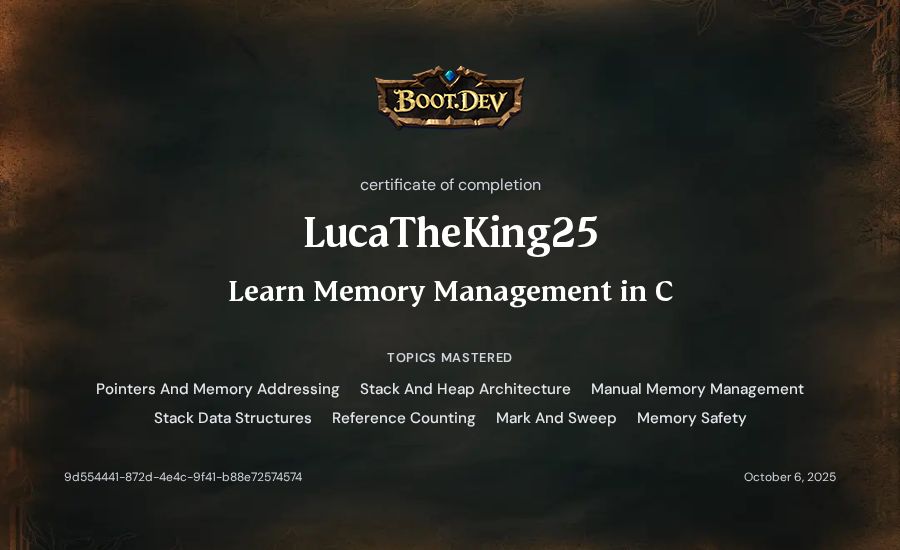 LucaTheKing25's Boot.dev Learn Memory Management in C certificate