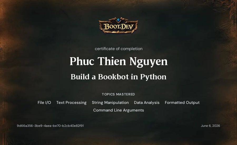 Phuc Thien Nguyen's Boot.dev Build a Bookbot in Python certificate