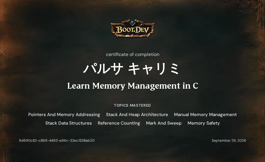 パルサ キャリミ's Boot.dev Learn Memory Management in C certificate