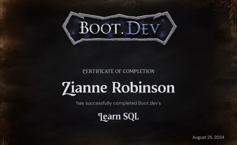 Zianne Robinson's Boot.dev Learn SQL certificate