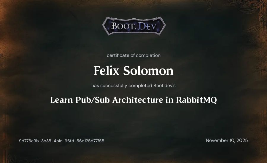 Felix Solomon's Boot.dev Learn Pub/Sub in RabbitMQ and Go certificate