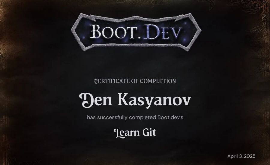 Den Kasyanov's Boot.dev Learn Git certificate