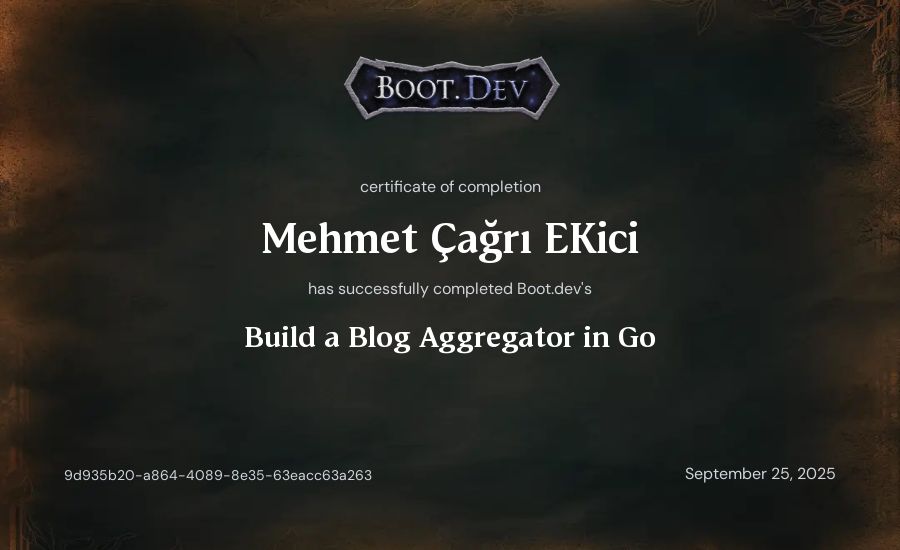 Mehmet Çağrı Ekici's Boot.dev Build a Blog Aggregator in Go certificate