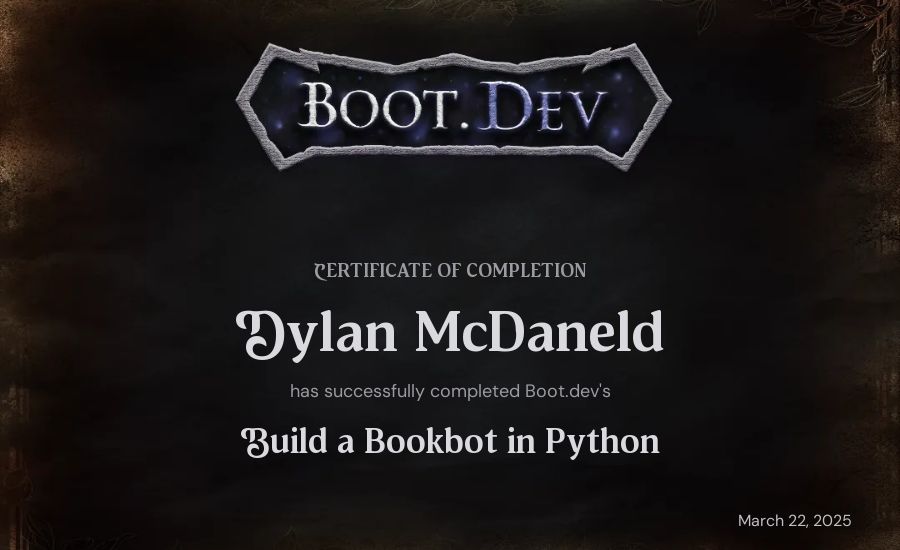 Dylan McDaneld's Boot.dev Build a BookBot in Python certificate