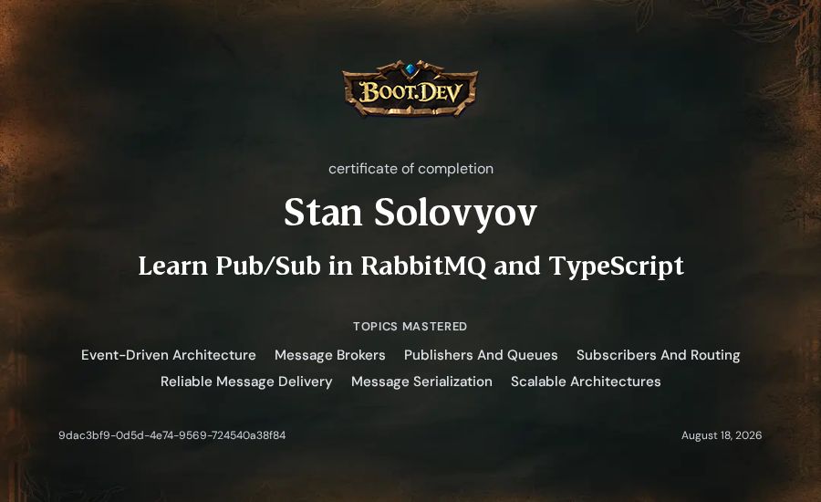 Stan Solovyov's Boot.dev Learn Pub/Sub in RabbitMQ and TypeScript certificate