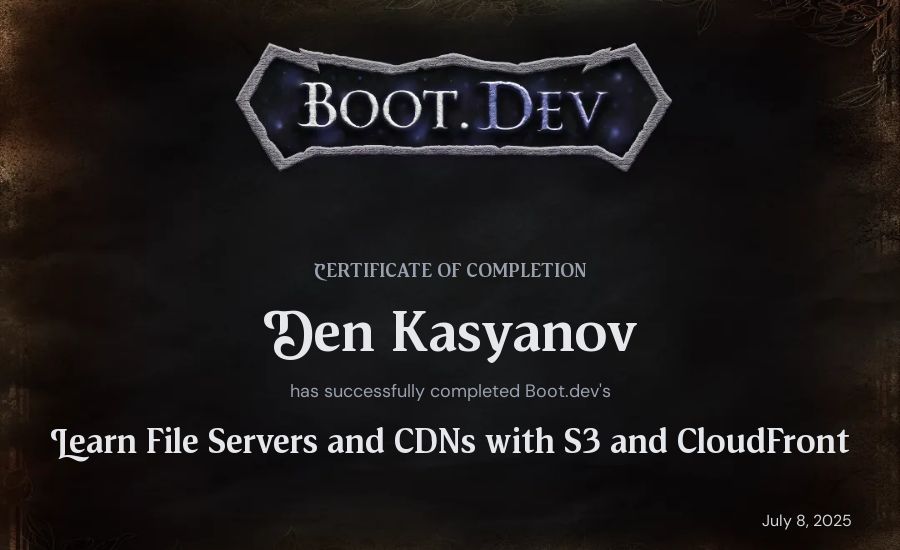 Den Kasyanov's Boot.dev Learn File Servers and CDNs with S3 and CloudFront certificate